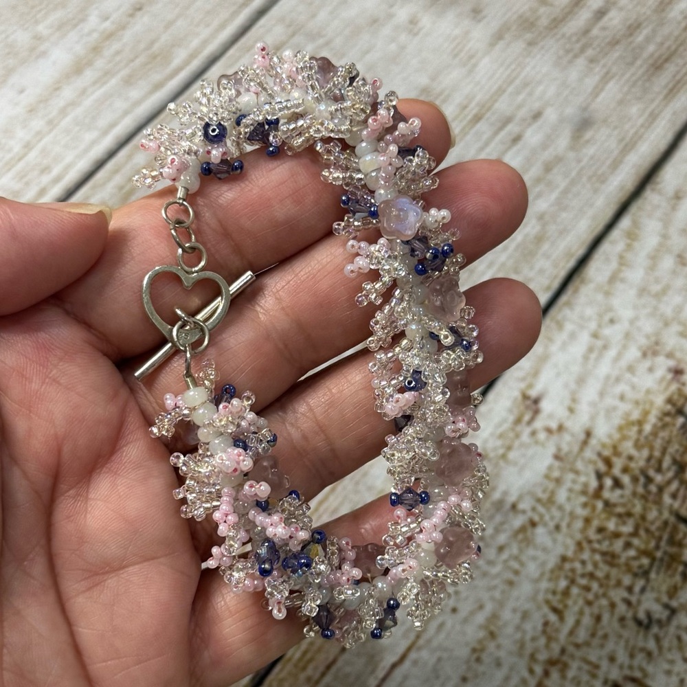 NWOT Handmade Seed Bead Bracelet with Pink Flower Charms and Swarovski Crystals